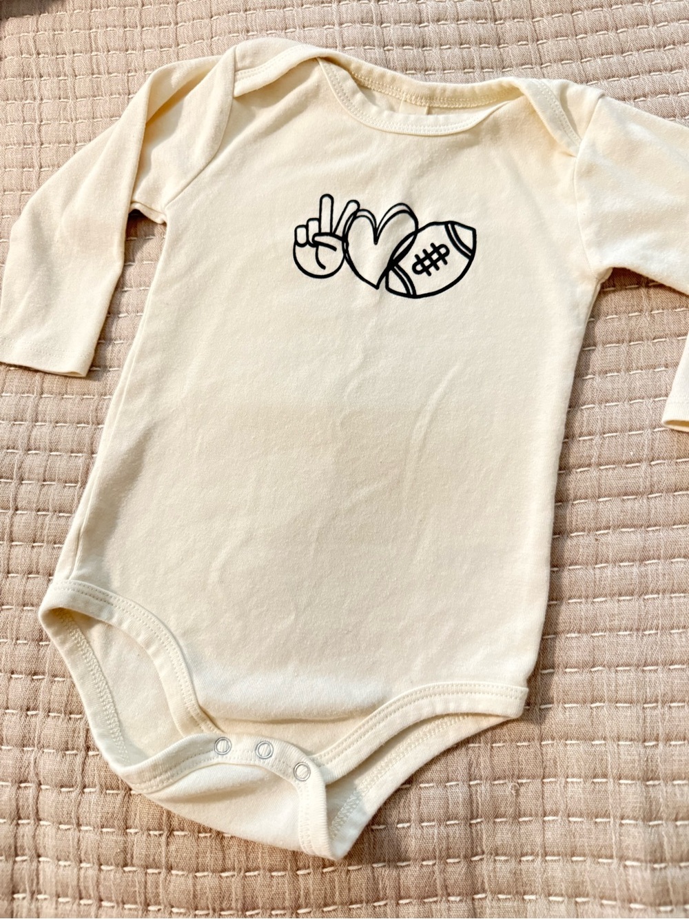 Cream Long-Sleeve Baby Bodysuit with Peace-Heart-Football Graphic